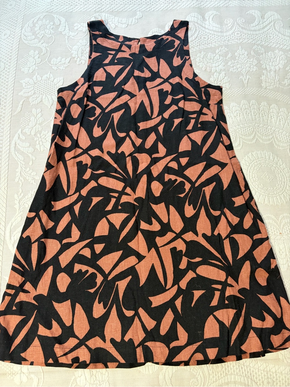 A New Day sleeveless Black and Rust Abstract Print Shift Dress linen blend EUC